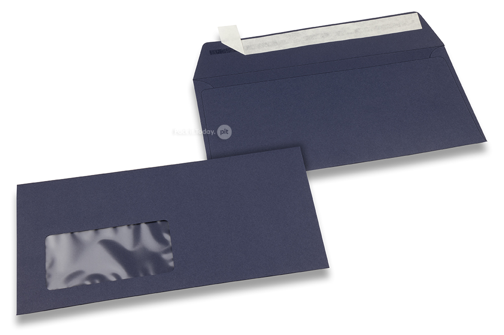 Dark blue, coloured window envelopes, 110 x 220 mm (DL), window on the left, windowsize 45 x 90 mm, windowposition 20 mm from the left / 15 mm from the bottom, peal and seal closure, 120 gram coloured paper