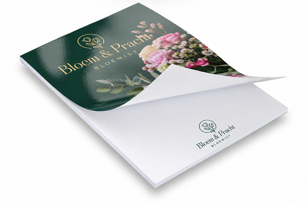Printed notepads - 210 x 297 mm, cover with gloss laminate