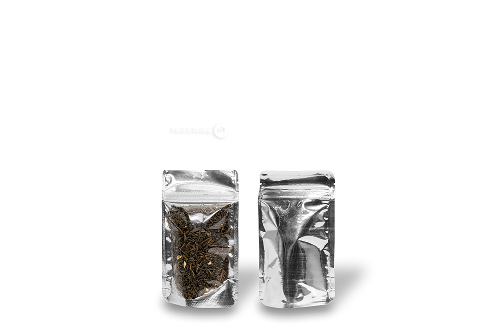 Stand up pouches metallic transparent - silver metallic, 85 x 145 x 50 mm - 100 ml